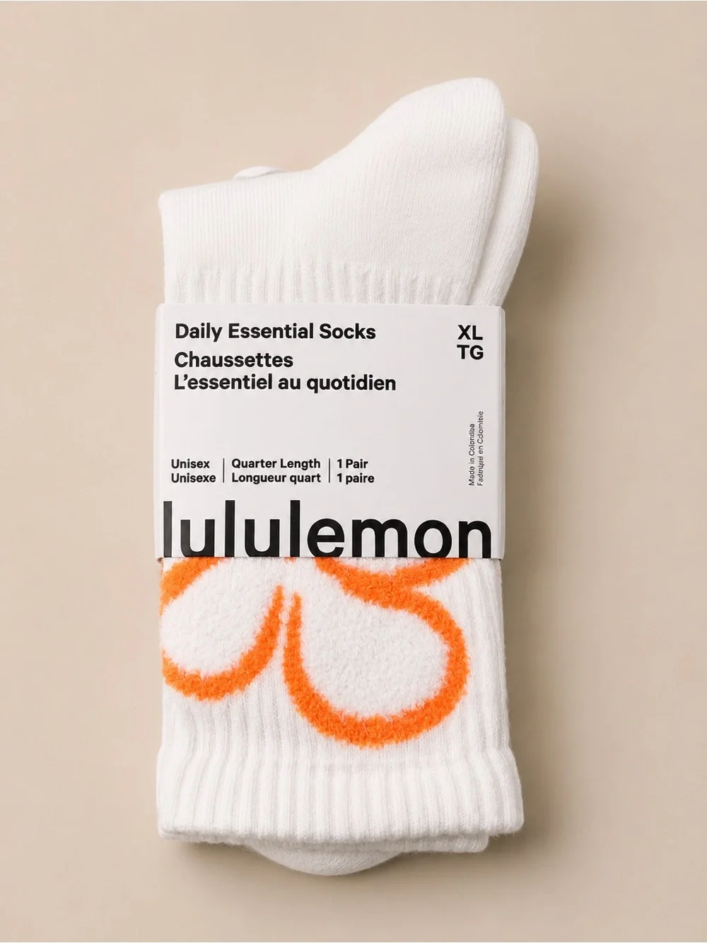 Lululemon Daily Essential Quarter Socks XL White Orange Floral Fuzzy Crew Socks